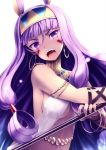  1girl animal_ears bangs bare_arms breasts commentary_request dark_skin earrings facial_mark fate/grand_order fate_(series) hairband highres holding hoop_earrings jackal_ears jewelry large_breasts long_hair looking_at_viewer navel nitocris_(fate/grand_order) open_mouth purple_hair sidelocks simple_background solo tranquillianusmajor upper_body upper_teeth very_long_hair violet_eyes white_background 