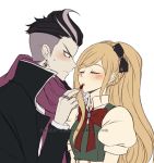  1boy 1girl bangs black_bow black_hair black_jacket blonde_hair blush bow bowtie closed_eyes couple criis-chan dangan_ronpa earrings eyebrows_visible_through_hair hair_bow highlights jacket jewelry long_hair multicolored_hair open_clothes open_jacket ponytail print_bow purple_scarf red_bow red_eyes red_lipstick_tube red_neckwear scarf shirt short_sleeves simple_background sonia_nevermind super_dangan_ronpa_2 sweatdrop swept_bangs tanaka_gandamu upper_body very_long_hair white_background white_shirt 