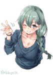  1girl alternate_costume alternate_hairstyle aqua_hair blue_sweater blush braid breasts closed_mouth ebifurya eyebrows_visible_through_hair grey_eyes hair_between_eyes hair_ornament hairclip highres kantai_collection large_breasts one_eye_closed simple_background single_braid smile solo suzuya_(kantai_collection) sweater white_background 