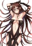  1girl armpits arms_up bangs bare_shoulders black-framed_eyewear black_choker black_dress black_gloves breasts brown_hair center_opening choker cleavage closed_mouth collarbone consort_yu_(fate) cowboy_shot dress ear_piercing earrings elbow_gloves fate/grand_order fate_(series) glasses gloves groin hair_spread_out harimoji head_tilt highres jewelry large_breasts long_hair looking_at_viewer medium_breasts navel piercing revealing_clothes side-tie_dress sidelocks simple_background solo stomach strapless strapless_dress thighs very_long_hair violet_eyes white_background 