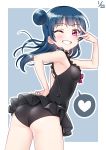  1girl ass bangs black_swimsuit blue_background blue_hair dated deadnooodles frilled_swimsuit frills grin hand_on_hip heart highres long_hair looking_at_viewer looking_back love_live! love_live!_sunshine!! one-piece_swimsuit one_eye_closed outline side_bun simple_background smile solo spoken_heart swimsuit tsushima_yoshiko violet_eyes w_over_eye white_outline 