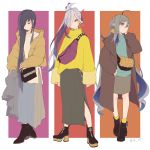  3girls ahoge ankle_boots asashimo_(kantai_collection) bag black_footwear black_hair boots casual closed_eyes coat colis commentary_request earrings grey_eyes grey_hair hair_between_eyes hair_over_one_eye handbag hayashimo_(kantai_collection) high_heel_boots high_heels jacket jewelry kantai_collection kiyoshimo_(kantai_collection) long_skirt multiple_girls one_eye_covered ponytail silver_hair skirt socks winter_clothes winter_coat yellow_legwear 