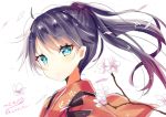  blue_hair cherry_blossoms closed_mouth eyebrows_visible_through_hair floral_background hair_between_eyes high_ponytail highres hizaka houshou_(kantai_collection) japanese_clothes kantai_collection kimono looking_at_viewer pink_kimono ponytail simple_background twitter_username white_background 
