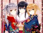  3girls alternate_costume asashio_(kantai_collection) bangs black_hair black_ribbon blue_eyes blush brown_eyes closed_mouth commentary double_bun eyebrows_visible_through_hair floral_background floral_print food fur_collar grabbing_another&#039;s_hand hair_between_eyes hair_bun hair_flaps hair_ribbon japanese_clothes kantai_collection kasumi_(kantai_collection) kimono light_brown_hair long_hair looking_at_viewer michishio_(kantai_collection) multiple_girls obi open_mouth ribbon sash short_hair short_twintails side_ponytail silver_hair smile twintails wide_sleeves yellow_eyes zhiyou_ruozhe 