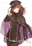  1girl :o ayazuki_mei black_cape black_hat black_pants black_shirt brown_eyes brown_hair buttons cape cowboy_shot double-breasted hand_up hat head_tilt long_hair long_sleeves looking_at_viewer meiji_tokyo_renka military military_uniform pants parted_lips peaked_cap petals shirt simple_background solo standing uniform white_background yuzuki_karu 