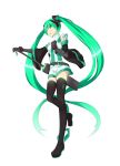  1girl absurdly_long_hair black_footwear black_gloves black_sleeves blue_eyes boots detached_sleeves elbow_gloves floating_hair full_body gloves green_hair hair_between_eyes hand_on_hilt hatsune_miku highres leg_up long_hair long_sleeves open_mouth saruno_(eyesonly712) shiny shiny_hair shirt short_shorts shorts sleeveless sleeveless_shirt solo standing standing_on_one_leg thigh-highs thigh_boots twintails very_long_hair vocaloid white_shorts wide_sleeves zettai_ryouiki 