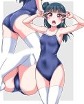  1girl :o arms_up ass bangs blue_hair blue_swimsuit blush collarbone commentary_request competition_school_swimsuit covered_navel double_v grey_background knees_up long_hair love_live! love_live!_sunshine!! multiple_views one-piece_swimsuit outline school_swimsuit side_bun swimsuit thigh-highs tsushima_yoshiko v v-shaped_eyebrows v_over_eye violet_eyes white_legwear white_outline yopparai_oni 