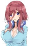  1girl bangs blue_cardigan breasts buttons cleavage closed_mouth collarbone commentary_request go-toubun_no_hanayome hair_between_eyes hand_on_own_chest hand_up head_tilt headphones headphones_around_neck highres large_breasts long_hair long_sleeves looking_at_viewer minikon nakano_miku redhead shirt sidelocks simple_background smile solo undershirt upper_body white_background white_shirt 