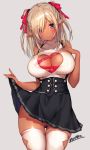  1girl artist_name bangs bare_shoulders black_skirt blonde_hair blush breasts cleavage cleavage_cutout commentary_request dark_elf dark_skin elf eyebrows_visible_through_hair gluteal_fold hair_ribbon large_breasts lifted_by_self long_hair looking_at_viewer matarou_(genkai_toppa) meme_attire nail_polish open-chest_sweater original parted_lips pointy_ears red_ribbon ribbon simple_background skirt skirt_lift sleeveless sleeveless_sweater smile solo standing sweater thigh-highs turtleneck two_side_up violet_eyes white_legwear 