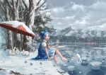  1girl barefoot blue_eyes blue_hair blush blush_stickers bow cirno clouds commentary dress forest frog frown frozen frozen_frog hair_bow ice ice_wings lake lily_pad looking_at_viewer looking_to_the_side magic mansion mountain nagi_(xx001122) nature neck_ribbon parasol rabbit ribbon scarlet_devil_mansion scenery short_hair sitting sky snow solo the_embodiment_of_scarlet_devil touhou tree umbrella water wings winter 
