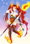  1girl absurdres alternate_costume boots bow breasts brown_eyes brown_hair elbow_gloves facial_mark fate/grand_order fate_(series) fire flaming_weapon flower forehead_mark gloves highres holding holding_weapon lotus magical_girl nagiko_(mangalove1111) nezha_(fate/grand_order) one_eye_closed polearm small_breasts spear thigh-highs thigh_boots twintails weapon 