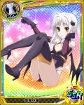  1girl :p boots breasts card_(medium) cat_hair_ornament character_name chess_piece demon_wings gloves hair_ornament high_heels high_school_dxd looking_at_viewer official_art rook_(chess) short_hair silver_hair small_breasts smile solo thigh-highs thigh_boots tongue tongue_out toujou_koneko trading_card wings yellow_eyes 