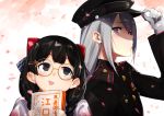  2girls :d bangs bespectacled black_eyes black_hair blush book bow braid cherry_blossoms closed_mouth eyebrows_visible_through_hair glasses gloves grey_hair hair_bow hair_down hair_ornament hair_over_shoulder hairclip hat higuchi_kaede holding holding_book long_hair long_sleeves looking_at_another looking_to_the_side medal military military_hat military_uniform mole mole_under_eye multiple_girls nijisanji nuezou open_mouth petals round_eyewear smile smirk twin_braids uniform upper_body violet_eyes white_gloves 