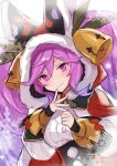  1girl animal_hood bangs bell breasts capelet cleo_(dragalia_lost) closed_mouth dragalia_lost fur_trim hair_between_eyes head_tilt hood light_particles long_hair looking_at_viewer medium_breasts purple_hair red_capelet shirt smile snowflakes solo sparkle twintails underbust upper_body violet_eyes white_shirt yuzuki_karu 