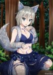  1girl :p anastasia_(idolmaster) animal_ears bangs blue_eyes blue_skirt blush boots breasts bush cleavage collarbone crop_top dappled_sunlight day detached_sleeves eyebrows_visible_through_hair fake_animal_ears forest fur fur-trimmed_boots fur_sleeves fur_trim hair_between_eyes idolmaster idolmaster_cinderella_girls inoshira jewelry knee_boots leg_up looking_at_viewer medium_breasts nature navel necklace paw_pose short_hair short_sleeves silver_hair skirt solo standing standing_on_one_leg stomach stomach_tattoo sunlight tail tassel tattoo thigh_strap thong tongue tongue_out torn_clothes torn_skirt tree twitter_username wolf_ears wolf_tail 