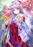  1girl angel_beats! animal_print arrow bangs bell bird_print blue_ribbon blush bow chinese_zodiac commentary_request ema eyebrows_visible_through_hair flower goto_p green_ribbon grey_hair hair_bow hair_flower hair_ornament hakama hamaya japanese_clothes jingle_bell kagura_suzu long_hair miko obi outdoors red_bow red_hakama red_ribbon ribbon sash shrine solo statue tachibana_kanade tree white_ribbon year_of_the_dog yellow_eyes yellow_ribbon 