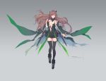  1girl bangs bare_shoulders black_dress black_footwear black_legwear boots breasts brown_hair cape character_request cleavage closed_mouth collarbone dress eyebrows_visible_through_hair floating_hair green_cape grey_background hand_up large_breasts long_hair looking_at_viewer pixiv_fantasia_last_saga short_dress sleeveless sleeveless_dress solo swd3e2 thigh-highs thighhighs_under_boots torn_cape torn_clothes translation_request very_long_hair violet_eyes 