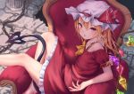  1girl adapted_costume arm_ribbon bangs bare_shoulders barefoot blonde_hair blush bow bra_strap chains commentary_request couch crystal dress eyebrows_visible_through_hair feet_out_of_frame flandre_scarlet hair_between_eyes hat hat_ribbon indoors knee_up laevatein_(tail) long_hair looking_at_viewer mob_cap off-shoulder_dress off_shoulder one_side_up parted_lips petticoat puffy_short_sleeves puffy_sleeves red_dress red_eyes red_ribbon ribbon roke_(taikodon) short_dress short_sleeves sitting solo tail thighs touhou white_hat wings yellow_bow yellow_ribbon 