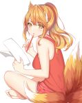  1girl animal_ears armpit_crease bangs bare_arms bare_shoulders barefoot blonde_hair boyshorts breasts commentary english_commentary feet fox_ears fox_girl fox_tail from_side highres holding holding_paper holding_pen indian_style kawaii_nihongo kitsune long_hair looking_at_viewer looking_to_the_side medium_breasts paper parted_lips pen ponytail r3d red_shirt red_shorts riko_(kawaii_nihongo) shirt shorts sidelocks simple_background sitting sleeveless sleeveless_shirt solo tail tank_top thighs white_background yellow_eyes 