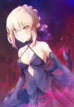  1girl artoria_pendragon_(all) bangs bare_shoulders blonde_hair blush bow braid breasts brown_eyes cleavage closed_mouth collarbone commentary_request criss-cross_halter dress elbow_gloves eyebrows_visible_through_hair fate/stay_night fate_(series) gloves hair_between_eyes hair_bow halterneck highres looking_at_viewer medium_breasts purple_bow purple_dress purple_gloves saber_alter samoore sidelocks solo 
