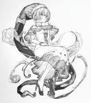  1girl absurdres asymmetrical_legwear bangs black_footwear breasts doremy_sweet dress earrings eyebrows_visible_through_hair greyscale hair_between_eyes hat high_heels highres jewelry long_sleeves mashimashi monochrome nightcap pom_pom_(clothes) short_hair simple_background small_breasts solo touhou white_background 