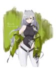  1girl animal_ears asymmetrical_clothes asymmetrical_pants bare_shoulders black_leotard braid breasts commentary_request cowboy_shot eyebrows_visible_through_hair fingerless_gloves girls_frontline gloves green_background green_eyes green_jacket grey_hair highres jacket jacket_pull ksvk_(girls_frontline) large_breasts leotard mechanical_arm pandea_work ribbed_leotard signature solo title work_in_progress 