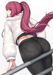  1girl ass bangs black_pants black_ribbon blush breasts evan_yang fate/grand_order fate_(series) hair_ribbon highres jacket large_breasts long_hair long_sleeves looking_at_viewer looking_back open_mouth pants pantylines ponytail purple_hair railing red_eyes ribbon scathach_(fate)_(all) scathach_(fate/grand_order) simple_background solo thighs white_background white_jacket 