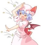  /\/\/\ 1girl arm_up arnest bangs bat_wings blue_hair breasts brooch commentary_request cowboy_shot dress eyebrows_visible_through_hair fang frilled_shirt_collar frills hat hat_ribbon jewelry medium_breasts mob_cap one_eye_closed open_mouth pink_dress pink_hat puffy_short_sleeves puffy_sleeves red_eyes red_ribbon remilia_scarlet ribbon short_hair short_sleeves simple_background solo soybean standing touhou translation_request white_background wings 