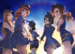  5girls ^_^ araki_hina backlighting bangs bare_arms bare_legs bare_shoulders black_hair blue_dress blue_eyes blue_napoleon blue_skirt breasts brown_eyes brown_hair closed_eyes closed_eyes crossed_arms dress eyebrows_visible_through_hair finger_to_chin from_behind glasses hat highres idol idolmaster idolmaster_cinderella_girls kamijou_haruna kawashima_mizuki long_hair looking_at_viewer looking_back matsumoto_sarina medium_breasts medium_hair mismatched_eyebrows mossi multiple_girls orange_eyes ponytail puffy_sleeves reaching_out red-framed_eyewear sasaki_chie short_hair short_shorts short_sleeves shorts skirt skirt_set sleeveless standing straight_hair sunset team_cendrillon thigh-highs twilight wavy_hair white_legwear 