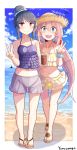  2girls beach bikini blue_hair blue_sky blush breasts character_name clouds collarbone commentary_request day eyebrows_visible_through_hair frilled_bikini frilled_swimsuit frills hair_between_eyes hair_bun hat highres kagamihara_nadeshiko looking_at_viewer low_twintails multiple_girls navel ocean outdoors pink_hair plan_(planhaplalan) sand sandals shima_rin sky smile straw_hat swimsuit thick_eyebrows twintails v violet_eyes water yurucamp 