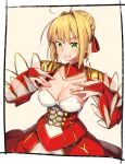  1girl ahoge bangs blonde_hair blush braid breasts cleavage collarbone dress earrings epaulettes fate/extra fate_(series) french_braid green_eyes hair_between_eyes hair_bun hair_intakes hair_ribbon hands_on_own_chest highres jewelry juliet_sleeves kei_(soundcross) large_breasts long_hair long_sleeves looking_at_viewer nero_claudius_(fate) nero_claudius_(fate)_(all) puffy_sleeves red_dress red_ribbon ribbon simple_background smile solo wide_sleeves 