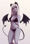  1girl absurdres arms_behind_back bangs bikini black_bikini breasts carlos_eduardo collarbone cropped_legs demon_girl demon_horns demon_tail demon_wings gradient gradient_background grey_background grey_eyes grey_skin highres horns large_breasts long_hair looking_up navel original parted_lips smile solo succubus swimsuit tail white_hair wings 