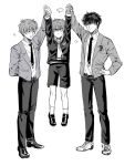  ... 3boys card_captor_sakura ebcho199736 full_body hand_on_hip kinomoto_touya li_xiaolang looking_at_another monochrome multiple_boys necktie school_uniform short_hair spoken_ellipsis tomoeda_elementary_school_uniform tomoeda_high_school_uniform tsukishiro_yukito white_background 