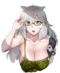  1girl adjusting_eyewear animal_ears blue_eyes braid breasts camouflage_tank_top cat_ears cleavage commentary_request grey_hair highres ksvk_(girls_frontline) large_breasts long_hair looking_at_viewer mechanical_arm open_mouth pandea_work sagging_breasts solo upper_body very_long_hair white_background 