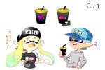  1boy 1girl aqua_hair bangs blonde_hair blue_eyes blunt_bangs breasts commentary_request dated domino_mask fangs flailing gameplay_mechanics hat inkling large_breasts long_hair mask minamidena nintendo open_mouth pointy_ears shirt short_hair smile soft_drink splatoon splatoon_(series) splatoon_2 sweatdrop sweater t-shirt tentacle_hair translation_request yellow_eyes 