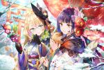  2019 2girls animal bamboo bare_tree black_gloves black_hat blonde_hair blue_eyes blue_hair blue_kimono blurry boar brown_eyes carrying chinese_zodiac closed_mouth commentary_request day depth_of_field floral_print flower furisode glasses gloves hagoita hair_flower hair_ornament happy_new_year hat head_tilt heart highres japanese_clothes kimono long_hair long_sleeves mountain multicolored_hair multiple_girls nemusuke new_year obi oriental_umbrella original outdoors paddle print_kimono purple_hair red_flower sash sidelocks smile snow streaked_hair sunlight tilted_headwear torii tree tree_branch umbrella upper_body very_long_hair wavy_hair white_kimono wide_sleeves winter year_of_the_pig 
