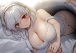  1boy 1girl azur_lane bare_shoulders bed bed_sheet blanket blush breasts cleavage commentary_request eyebrows_visible_through_hair hair_between_eyes hairband hand_on_another&#039;s_hand huge_breasts lace-trimmed_hairband lingerie looking_at_viewer lying open_mouth panties pillow pov pyz_(cath_x_tech) red_eyes short_hair sidelocks sirius_(azur_lane) under_covers underwear white_hair white_panties 