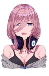  1girl bare_shoulders black_bra blue_eyes blush bra breasts cleavage collarbone commentary_request frown gem go-toubun_no_hanayome grey_sweater hair_between_eyes headphones headphones_around_neck highres lanzero large_breasts long_hair looking_at_viewer nakano_miku off-shoulder_sweater open_mouth purple_hair sapphire_(gemstone) simple_background solo sweater underwear upper_body upper_teeth white_background 