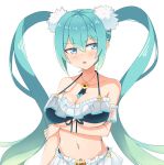  1girl absurdres aqua_eyes aqua_hair bikini_top blush breasts hair_between_eyes hatsune_miku highres jewelry large_breasts long_hair navel necklace open_mouth simple_background solo twintails upper_body very_long_hair vocaloid white_background 