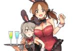  2girls :d a_ichi ahoge animal_ears arm_around_shoulder bare_shoulders black_neckwear blush bow bowtie braid breast_envy breasts brown_eyes brown_hair bunny_tail bunnysuit buttons cleavage clueless cup detached_collar drinking_glass face_to_breasts fake_animal_ears fishnet_legwear fishnets grey_eyes grey_hair height_difference hoshi_shouko idolmaster idolmaster_cinderella_girls large_breasts long_hair looking_at_breasts looking_at_viewer multiple_girls one_eye_closed open_mouth pantyhose rabbit_ears red_neckwear side-by-side side_braid single_braid small_breasts smile sweatdrop tail tied_hair totoki_airi tray twintails white_background wine_glass wing_collar 