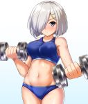  alternate_costume blue_eyes blush bra breasts closed_mouth dumbbell gradient gradient_background hair_ornament hair_over_one_eye hairclip hamakaze_(kantai_collection) highres kantai_collection large_breasts navel short_hair silver_hair sports_bra sportswear sweatdrop underwear zanntetu 