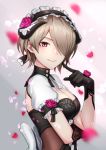  1girl bangs black_gloves blurry_foreground blush breasts closed_mouth dress finger_to_cheek flower frills gloves hair_over_one_eye highres honkai_(series) honkai_impact_3 horns looking_at_viewer maid maid_headdress petals puffy_short_sleeves puffy_sleeves red_eyes red_flower red_rose rita_rossweisse rose shinachiku_(uno0101) short_hair short_sleeves sidelocks smile solo 