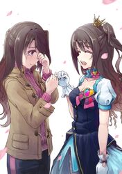  1girl brown_eyes brown_hair commentary_request crying dual_persona highres idolmaster idolmaster_cinderella_girls long_hair one_side_up open_mouth pinky_swear revision shimamura_uzuki smile star!! tai0201 