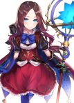  1girl bangs blue_eyes blue_gloves blue_legwear blush breasts brown_hair closed_mouth commentary_request elbow_gloves fate/grand_order fate_(series) forehead frilled_skirt frills gauntlets gloves glowing hakuishi_aoi holding holding_staff leonardo_da_vinci_(fate/grand_order) long_hair pantyhose parted_bangs puff_and_slash_sleeves puffy_short_sleeves puffy_sleeves red_skirt short_sleeves simple_background single_gauntlet single_glove skirt small_breasts smile solo staff standing standing_on_one_leg white_background 