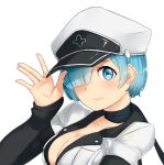  1girl akame_ga_kill! black_sleeves blue_hair breasts choker cleavage collarbone cosplay esdeath esdeath_(cosplay) hair_over_one_eye hat jacket long_sleeves looking_at_viewer medium_breasts military_hat military_jacket peaked_cap re:zero_kara_hajimeru_isekai_seikatsu rem_(re:zero) saruno_(eyesonly712) shiny shiny_hair short_hair short_over_long_sleeves short_sleeves simple_background smile solo upper_body white_background white_hat white_jacket 