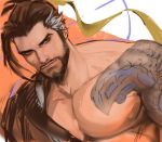  1boy arm_tattoo beard brown_eyes brown_hair collarbone dutch_angle facial_hair glaring grey_hair hair_ribbon hanzo_(overwatch) jang_ju_hyeon japanese_clothes looking_at_viewer male_focus orange_background overwatch ponytail portrait ribbon short_hair sketch solo tattoo white_background 