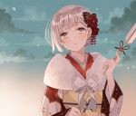  1girl arrow bangs black_ribbon blue_sky braid brown_eyes clouds cloudy_sky commentary_request eyebrows_visible_through_hair flower furisode hair_flower hair_ornament hair_ribbon hamaya head_tilt highres holding japanese_clothes kanzashi kimono long_sleeves looking_at_viewer minasenagi new_year obi original outdoors parted_lips print_kimono red_flower red_kimono ribbon sash short_hair silver_hair sky solo striped striped_ribbon upper_body wide_sleeves 