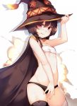  1girl :q absurdres bandage bandaged_leg bandages black_cape black_hair black_legwear black_panties blush cape deru06 hat highres kono_subarashii_sekai_ni_shukufuku_wo! looking_to_the_side mage megumin navel panties red_eyes sarashi scan simple_background single_thighhigh small_nipples standing thigh-highs tongue tongue_out underwear white_background witch_hat 