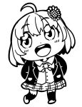  1girl :d ahoge animal_band_legwear arms_behind_back bkub blazer bow bowtie buttons cat_band_legwear chibi collared_shirt commentary dot_nose flower greyscale hair_between_eyes hair_flower hair_ornament high_contrast highres honma_himawari jacket looking_away looking_to_the_side medium_hair monochrome nijisanji open_mouth plaid plaid_skirt school_uniform shirt simple_background skirt smile solo sunflower_hair_ornament thigh-highs upper_teeth white_background wing_collar 