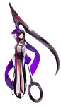  1girl black_hair commentary eighth_note expressionless full_body highres long_hair looking_at_viewer multicolored_hair musical_note neon_trim original red_eyes redhead scythe shoulder_cutout solo straight_hair streaked_hair tsuki-shigure very_long_hair white_background wide_sleeves 